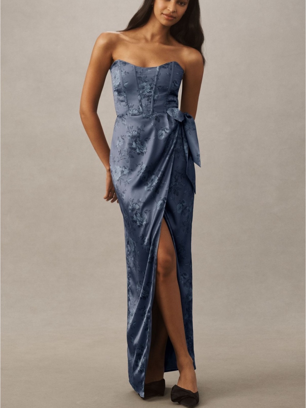V. Chapman June Strapless Blue Floral Satin Gown with Side Bow